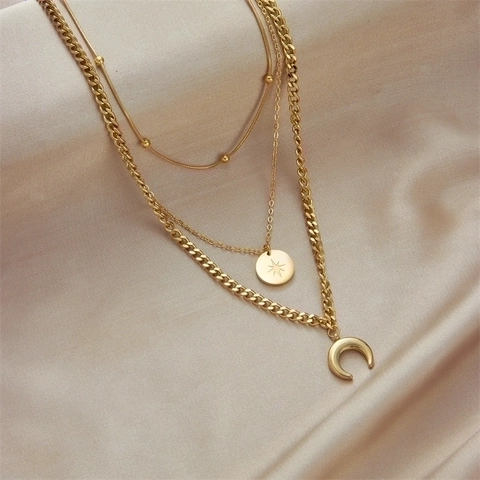 Multi Layered Necklace Gold Plated Stainless Steel Star Coin And Crescent Moon Pendant Bohemian Fashion Jewelry For Women