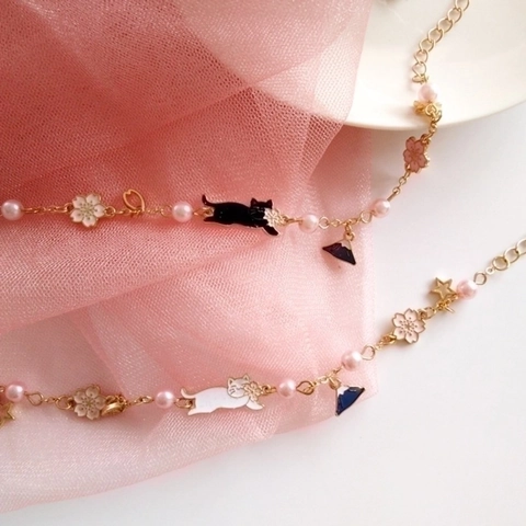 Bracciale Gatto E Fiori Di Ciliegio Stile Giapponese Con Künstliche Perle Rosa Lega Smalto Monte Fuji Per Donne