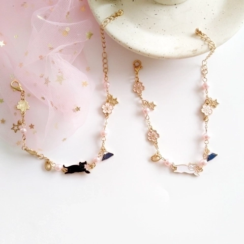 Bracciale Gatto E Fiori Di Ciliegio Stile Giapponese Con Künstliche Perle Rosa Lega Smalto Monte Fuji Per Donne