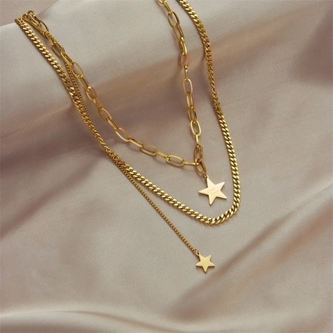 Double Layer Star Pendant Necklace Stainless Steel Gold Plated Good Luck Engraved Paperclip Cuban Chain For Women Trendy