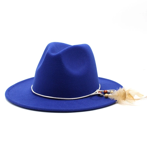 Fedora Hat Wide Brim Wool Felt Vintage Bohemian Style With Feather Wood Beads Decoration For Men Women