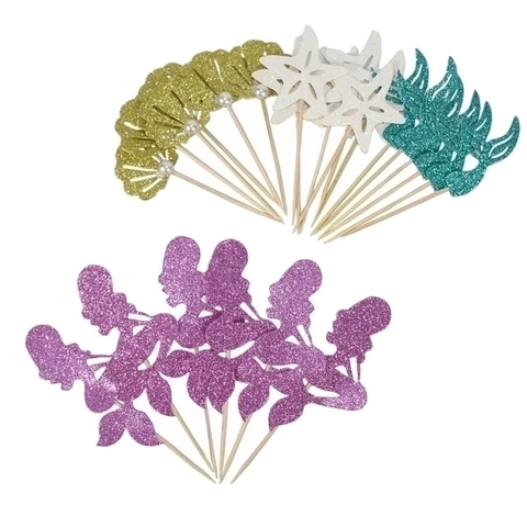Glitter Mermaid Tail Shell Starfish Cake Toppers For Birthday Party Ocean Theme Cupcake Picks Dessert Decoration