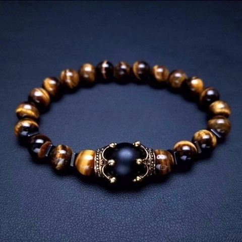 Men Beaded Bracelet Natural Tiger Eye Stone Agate Beads Alloy Crown Charm Elastic Retro Fashion Hand Jewelry