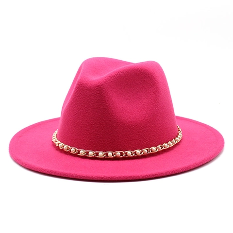 Wollen Fedora Hoed Met Kunstparels Gouden Ketting Decoratie Breedgerande Jazzhoed Elegante Vintage Vilten Hoed