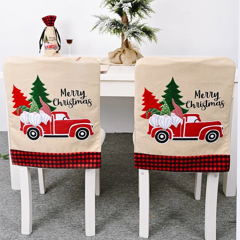 Christmas Dining Chair Covers Linen Burlap Fabric Red Truck Gnome Tree Printed Buffalo Plaid Hem Party Home Decoration