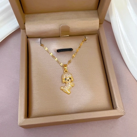 Cute Puppy Dog Pendant Necklace Stainless Steel Chain Copper Micro Inlaid Rhinestone Animal Jewelry Women
