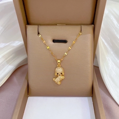 Cute Puppy Dog Pendant Necklace Stainless Steel Chain Copper Micro Inlaid Rhinestone Animal Jewelry Women
