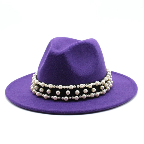 Fedora Hat Wool Felt Wide Brim Elegant Artificial Pearl Ribbon Band Vintage Jazz Cap For Women And Men Fashion