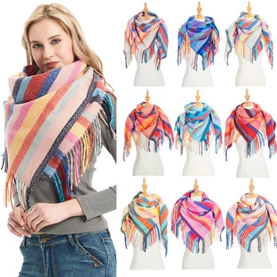 Brushed Striped Plaid Square Scarf With Tassels Women Winter Warm Acrylic Large Shawl Wrap Thick Fringed Fashion Scarves