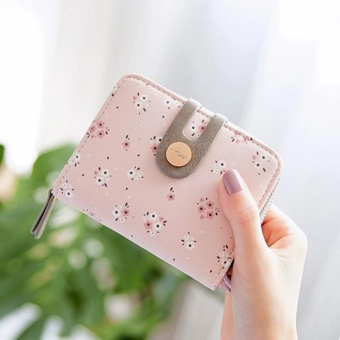 Women Short Wallet PU Leather Floral Print Zipper Bifold Card Holder Coin Purse Portable Fashion For Students Girls