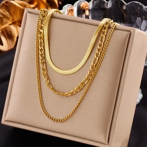 Collana A Strati Placcata Oro 18K Acciaio Inossidabile Catena Serpente Figaro Gioielli Eleganti Minimalisti Per Donna