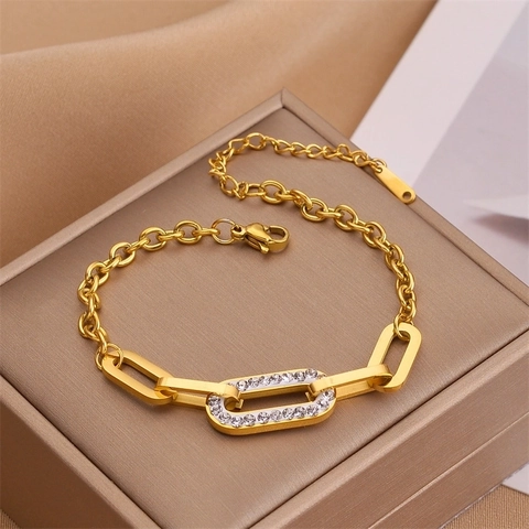 Chunky Chain Bracelet Stainless Steel Gold Plated Cubic Zirconia Encrusted Link Adjustable Jewelry For Women
