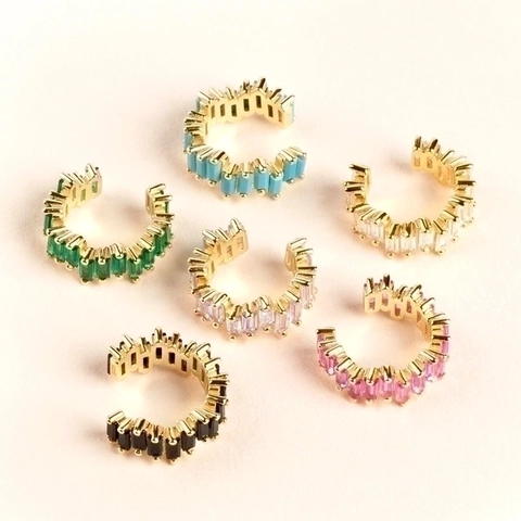 Baguette Cut Cubic Zirconia Ear Cuff 18K Gold Plated Copper Geometric Multi Color Clip On Earrings For Women