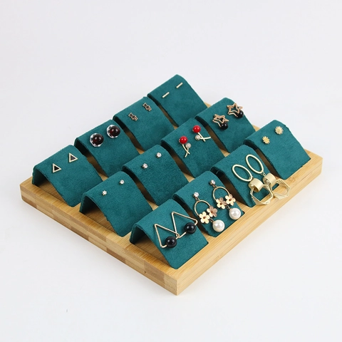 Jewelry Display Stand Bamboo Wood Microfiber Velvet Dark Green Earrings Necklace Ring Organizer Luxury Counter
