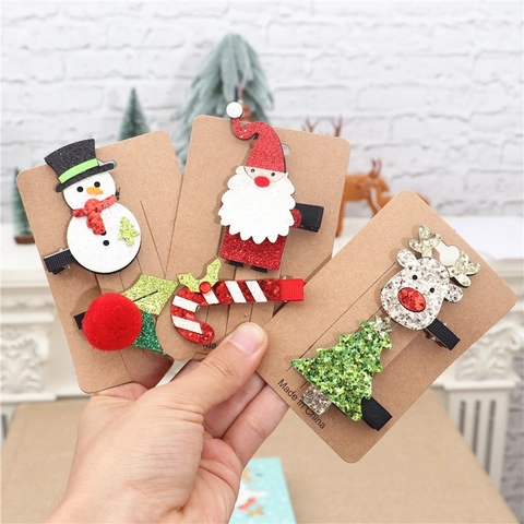 Pinzas Para El Pelo Navidad Purpurina Fieltro Dibujos Animados Papá Noel Muñeco De Nieve Reno Horquillas Fiesta Niños Niñas