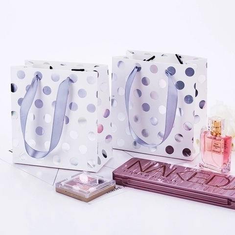 Papiertüten Geschenk Gold Silber Folie Polka Dots Bandgriffe Elegant Hochzeit Party Einkaufen Kosmetik Verpackung