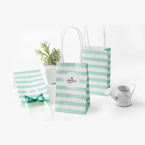 Mini Striped Kraft Paper Gift Bags With Handles Ribbon Bow Thank You Labels For Wedding Party Favors Small Gift Packaging