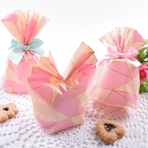 Sacs D'emballage En Plastique Rose Géométrique Ligne Or Sacs Cadeaux Pour Bonbons Biscuits Collations Stockage Alimentaire Style Coréen Ins
