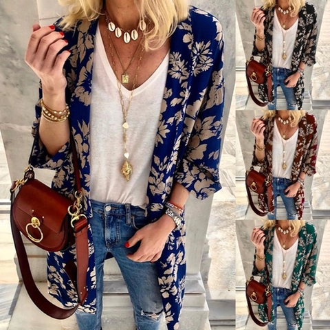 Women's Bohemian Floral Print Kimono Cardigan Chiffon Open Front Cover Up Casual Loose Top Retro Ethnic Lightweight Outerwear