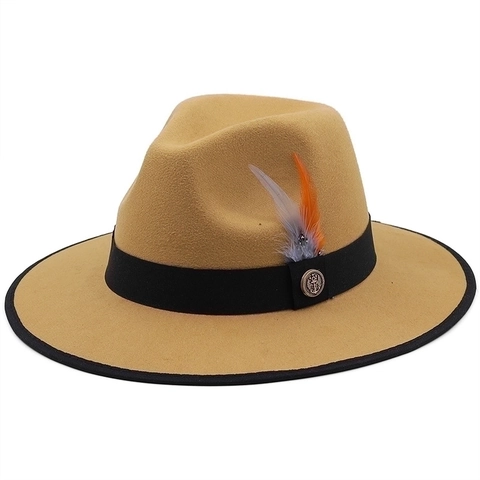 Cappello Fedora A Tesa Larga Vintage In Feltro Di Lana Stile Britannico Jazz Con Nastro Piuma E Distintivo