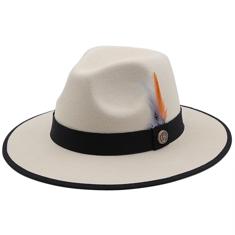 Chapeau Fedora Vintage Feutre De Laine Large Bord Jazz Cap Avec Plume Et Badge Ancre Métallique Unisexe Party Style Britannique