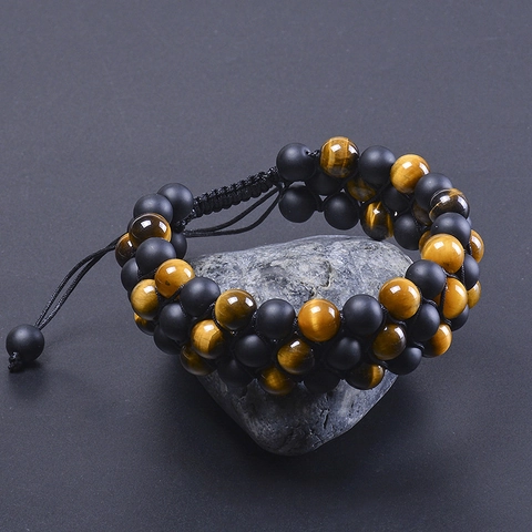 Bracciale Intrecciato A Triplo Strato Perle In Occhio Di Tigre Naturale E Pietra Lavica Opaca Corda Regolabile Uomo Unisex