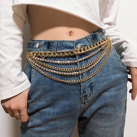 Multi-layer Waist Chain Alloy Rhinestone Pants Body Link Adjustable Hip Hop Punk Streetwear Accessory For Women