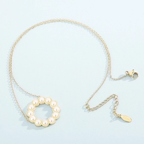 Joyas De Collar Y Pendientes De Acero Inoxidable Con Diseño Floral De Corona De Perlas Artificiales Circulares Elegante Para Mujer