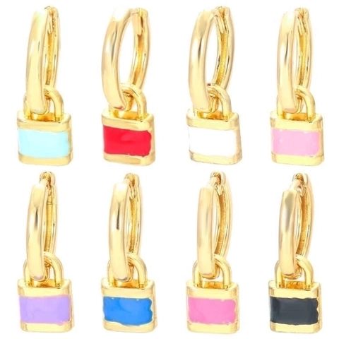 Koreanischer Stil Farbige Emaille Vorhängeschloss Anhänger Ohrringe Minimalistisch Kupfer Zirkonia Modeschmuck Damen