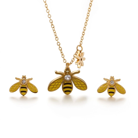 Gioielli Ape Collana E Orecchini In Acciaio Inossidabile Con Smalto E Zirconia Stile Animale Per Donne