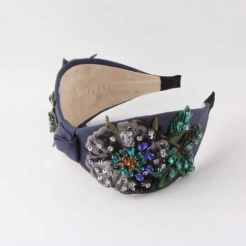 Women Wide Knotted Headband Rhinestone Sequin Embroidery Floral Fabric Vintage Luxury Bridal Hairband Accessory