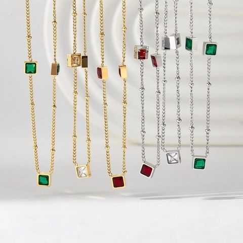 Stainless Steel Necklace For Women Minimalist Square Cubic Zirconia Pendant Light Luxury Geometric Jewelry Ins Style