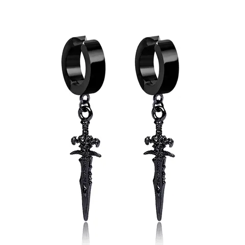 Edelstahl Schwert Dolch Anhänger Creolen Clip On Ohrringe Punk Gothic Hip Hop Unisex Schmuck Schwarz Silber Metallic