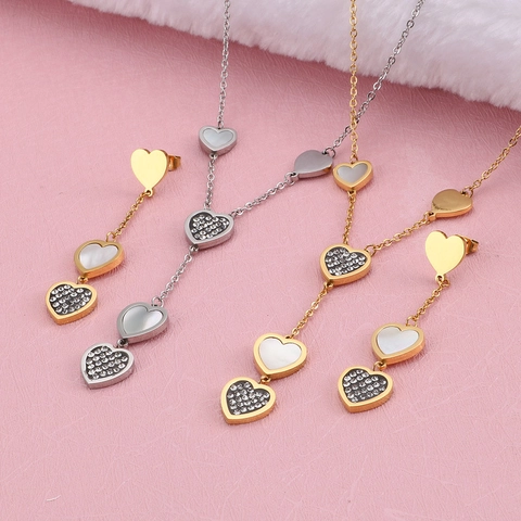 Collar En Y Con Colgante De Corazón Y Pendientes Colgantes Acero Inoxidable Nácar Diamantes De Imitación Para Mujer