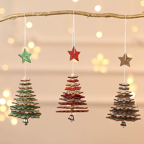 Christmas Tree Hanging Ornaments Wooden Snowflake Star Layered Decorative Pendant With Bell For Festive Holiday Home Decor