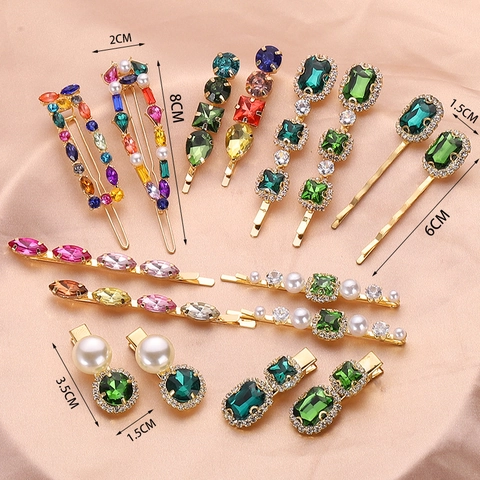 Vintage Green Rhinestone Hair Clip For Women Korean Elegant Gold Alloy Barrette Artificial Pearl Geometric Hair Accessories