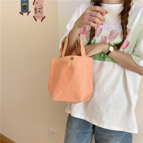 Canvas Mini Handbag Portable Lunch Bag Minimalist Style With Metal Button For Women Daily Fashion