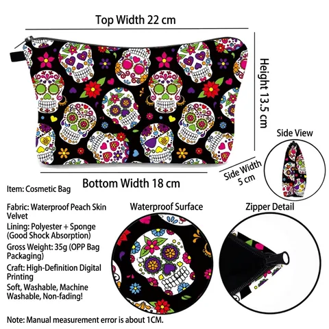 Makeup Bag Waterproof Polyester Zipper Travel Toiletry Organizer Sugar Skull Mexican Day Of The Dead Style For Women