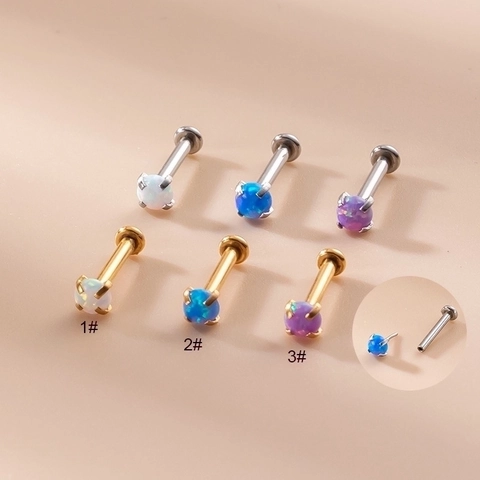 Stainless Steel Labret Lip Ring With Australian Opal Inlaid Flat Back Internal Threading Piercing Jewelry