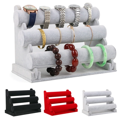 Tiered Velvet Bracelet Display Stand Detachable Watch Holder Jewelry Organizer T-Bar Rack Showcase
