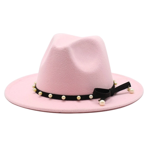 Elegant Women Wide Brim Fedora Hat With Artificial Pearl Chain And Bowknot Retro British Style Felt Jazz Sun Hat For Vacation