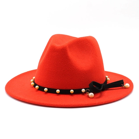 Elegant Women Wide Brim Fedora Hat With Artificial Pearl Chain And Bowknot Retro British Style Felt Jazz Sun Hat For Vacation