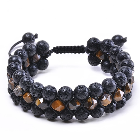 Handmade Multi Layer Natural Lava Rock Stone Tiger Eye Beaded Bracelet Adjustable Braided Rope Unisex Jewelry