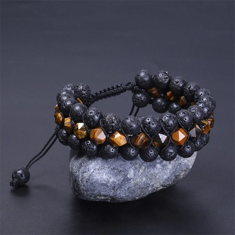 Handmade Multi Layer Natural Lava Rock Stone Tiger Eye Beaded Bracelet Adjustable Braided Rope Unisex Jewelry
