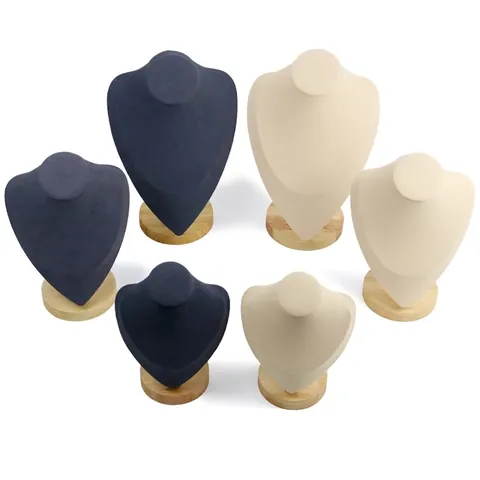 Necklace Display Stand Bust Jewelry Holder Portrait Neck Beech Wood Base Microfiber Leather Elegant Showcase Props