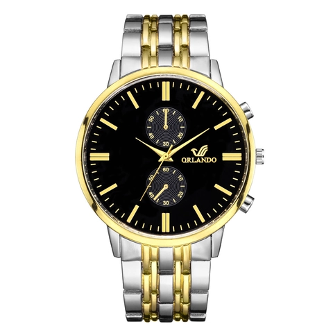 Quartz Watch Men Business Fashion Two-Tone Alloy Case Stainless Steel Strap Round Big Dial Analog Wristwatch Luxury