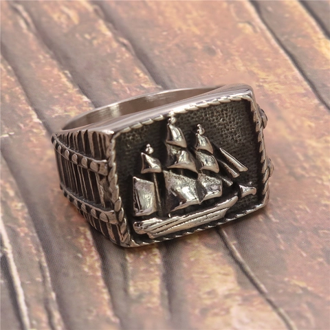 Anello Nave Da Vela Acciaio Inossidabile Vintage Uomo Viking Punk Rilievo Nautico Quadrato Sigillo Gioielli Retro Nautico