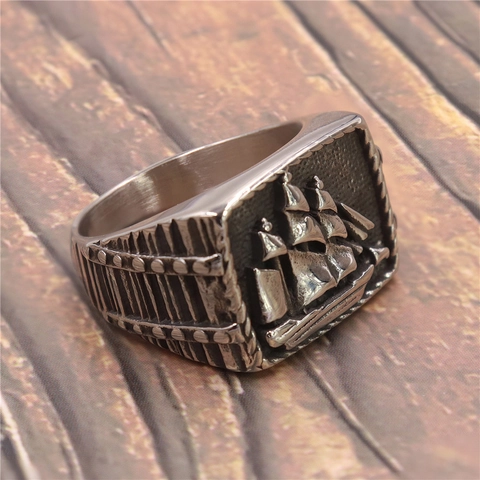 Anello Nave Da Vela Acciaio Inossidabile Vintage Uomo Viking Punk Rilievo Nautico Quadrato Sigillo Gioielli Retro Nautico