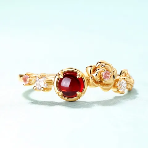 Anillo Abierto Ajustable de Plata de Ley 925 Granate Flor de Rosa Chapado en Oro Diamantes Bijoux para Mujer Regalo