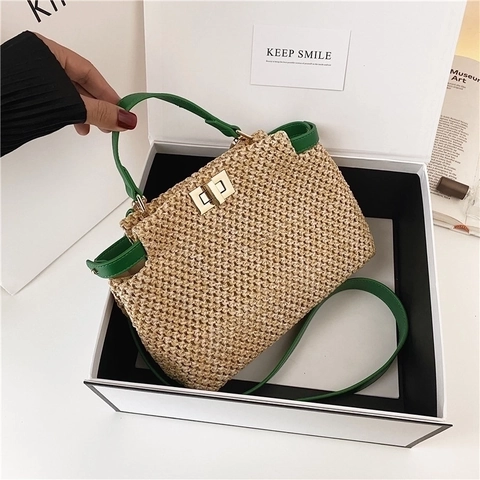 Women Straw Woven Handbag With PU Leather Trim Metal Twist Lock Summer Beach Retro Shoulder Crossbody Bag